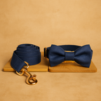 Deep Denim Haustier-Halsband mit Goldschnalle, Leine & Fliege – Stil trifft Komfort