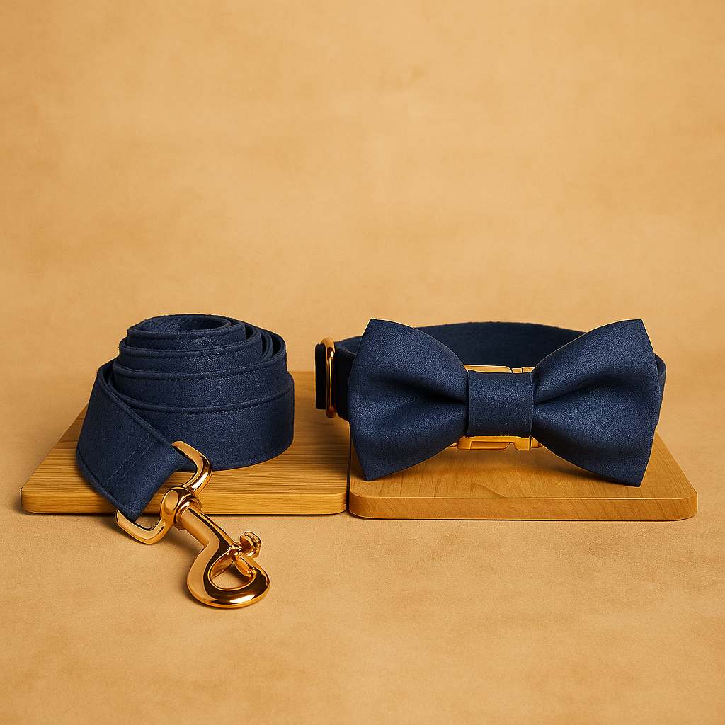 Deep Denim Haustier-Halsband mit Goldschnalle, Leine & Fliege – Stil trifft Komfort